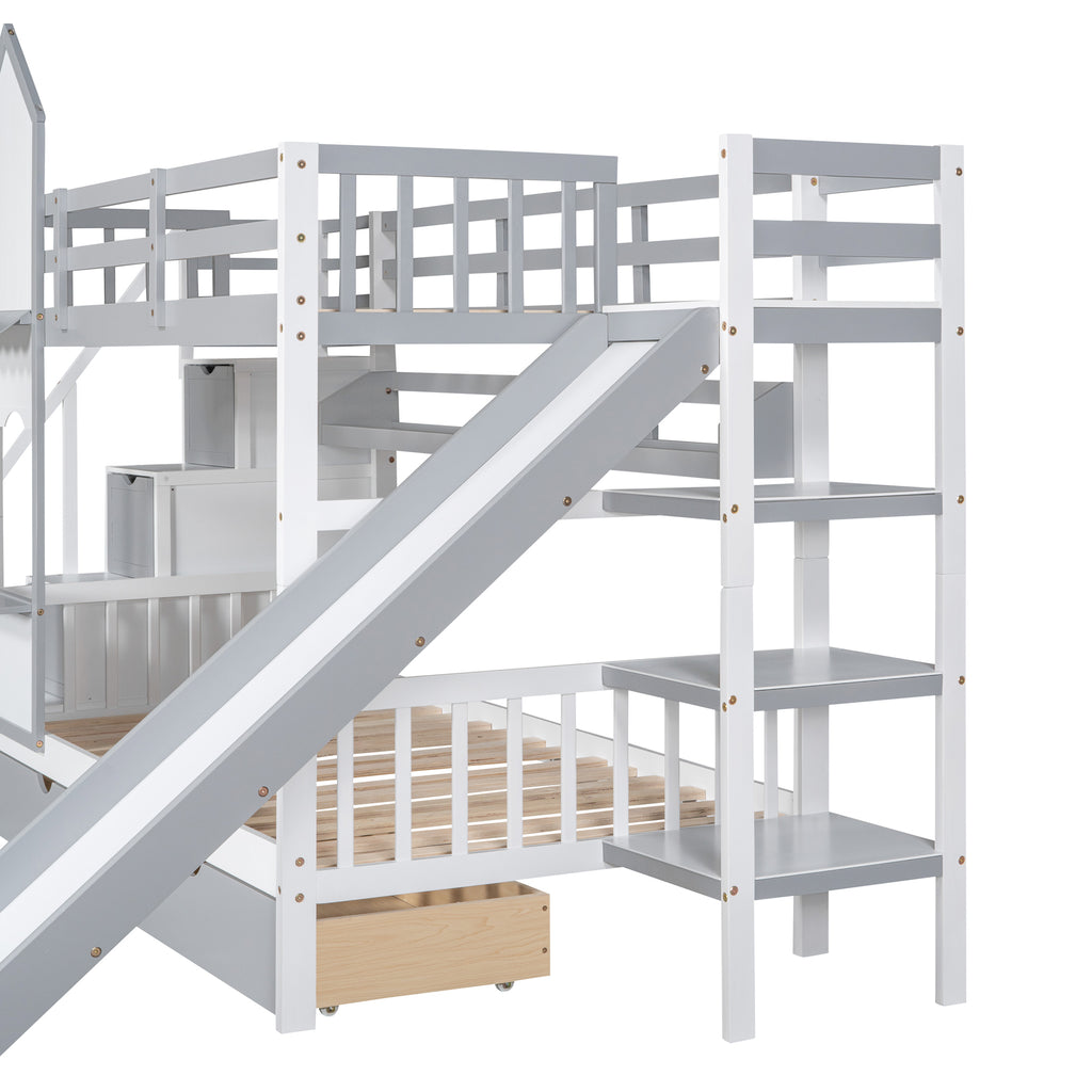 Twin Over Twin Bunk Bed with 2 Drawers and Slide, Gray G7831