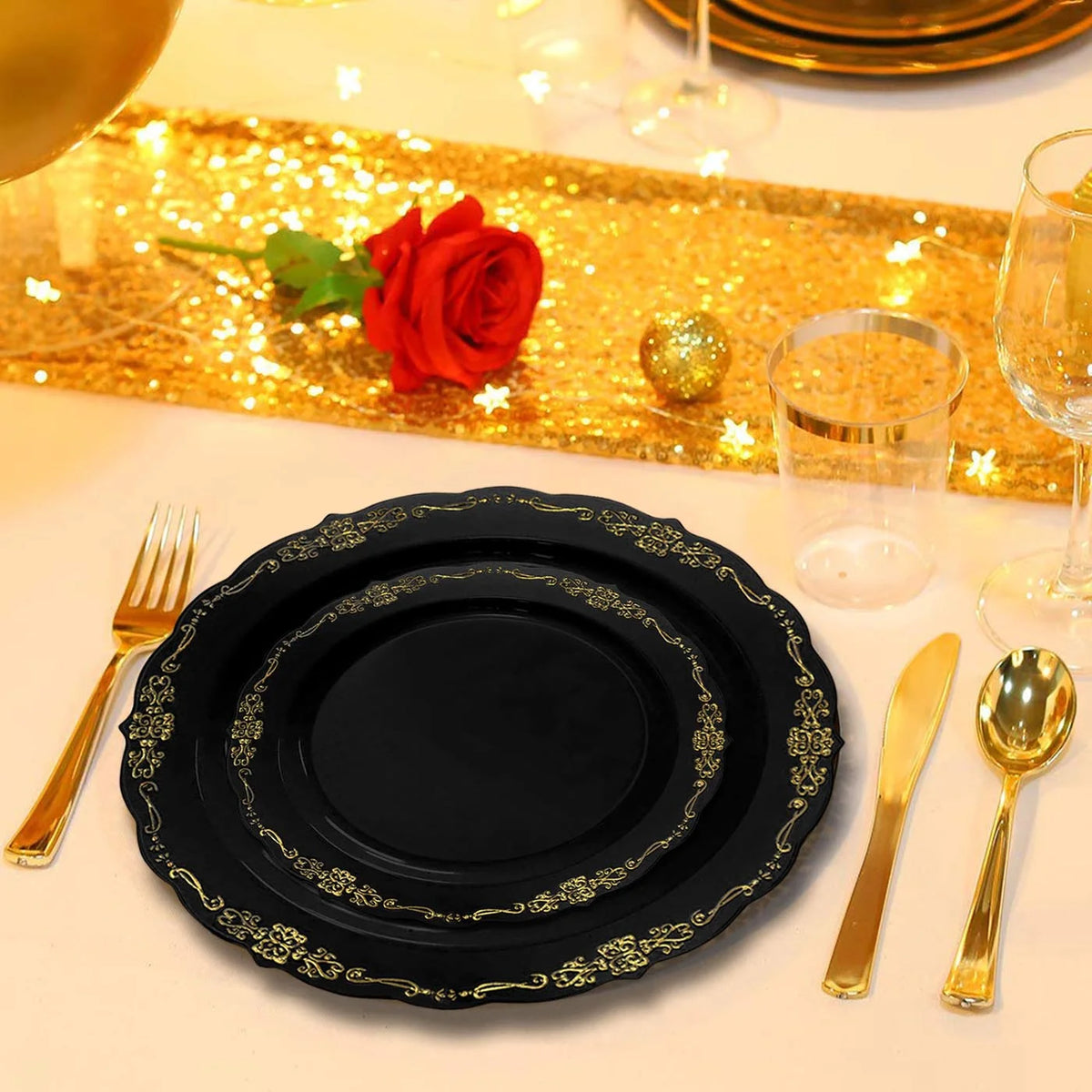 Black Gold Disposable Plastic Wedding Value Set (60 Guests) O643683
