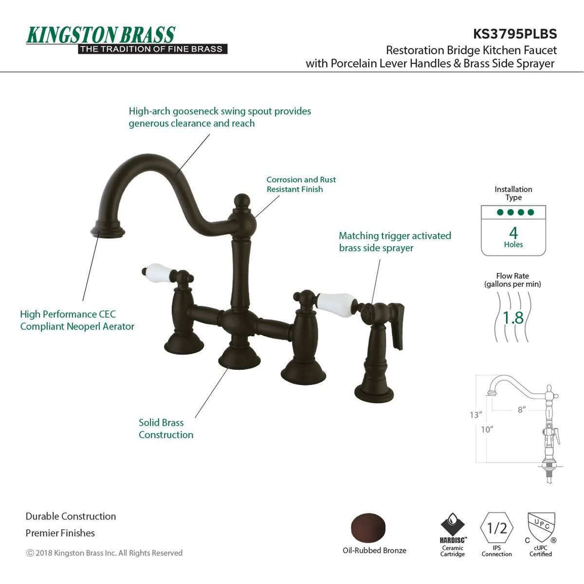 Brushed Nickel Bridge Kitchen Faucet with Brass Sprayer Y64815