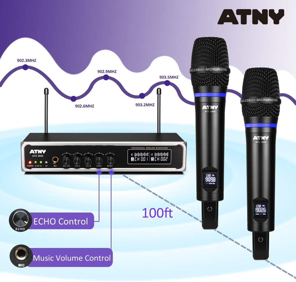 UHF Dual Channel Handheld Wireless Microphone System with 2 Rechargeable Metal Mics and LED Display Q777