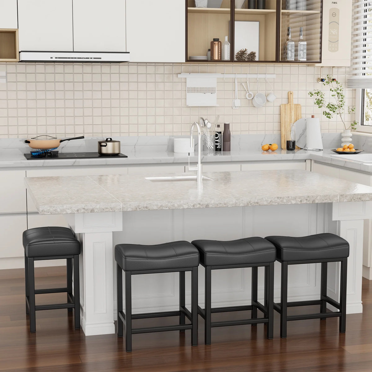 Black PU Leather Counter Bar Stools Set of 2 with Metal Base T754035
