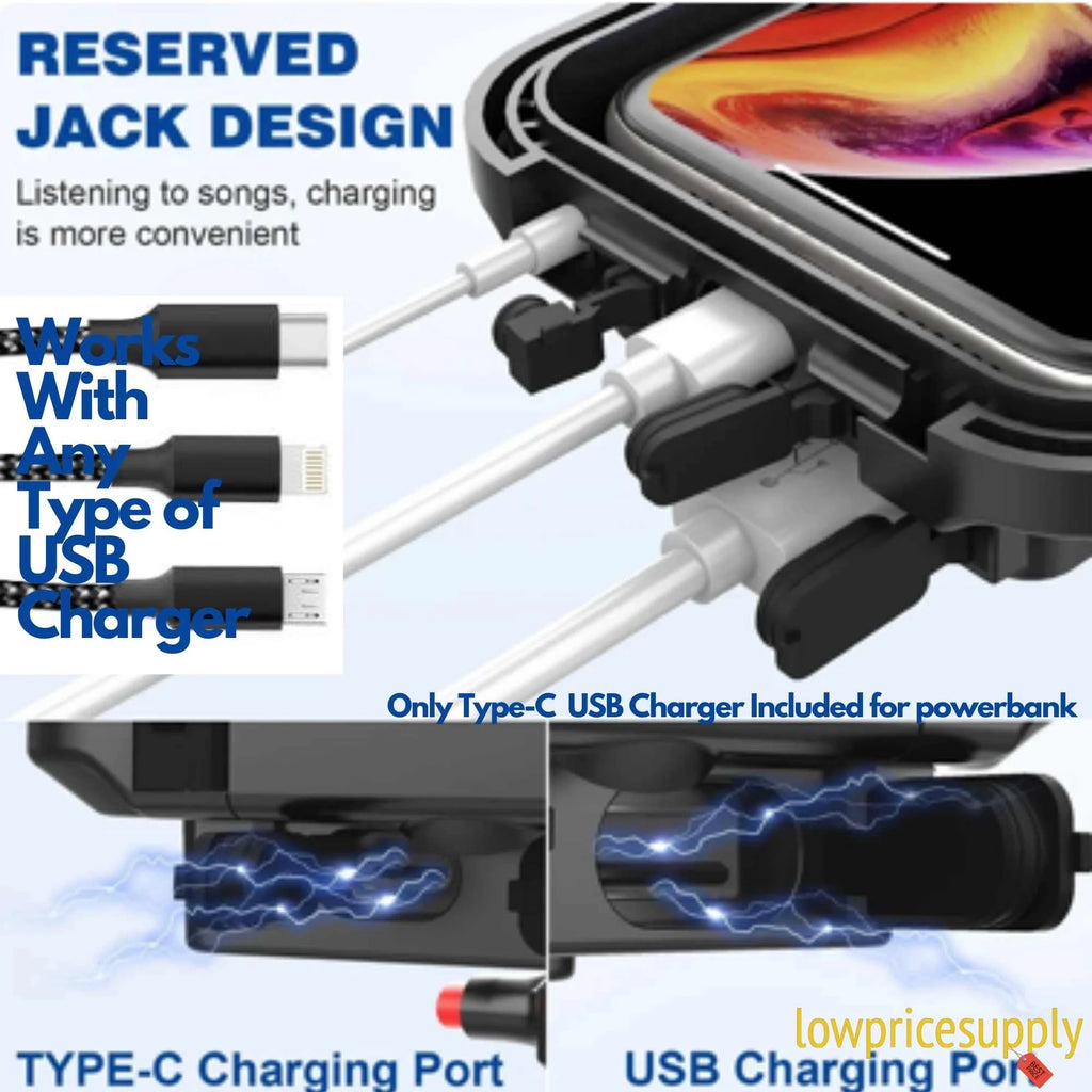 Motorcycle Phone Holder with 15W Wireless Charging and USB-C, 5000mAh Power Bank, ABS Plastic M209