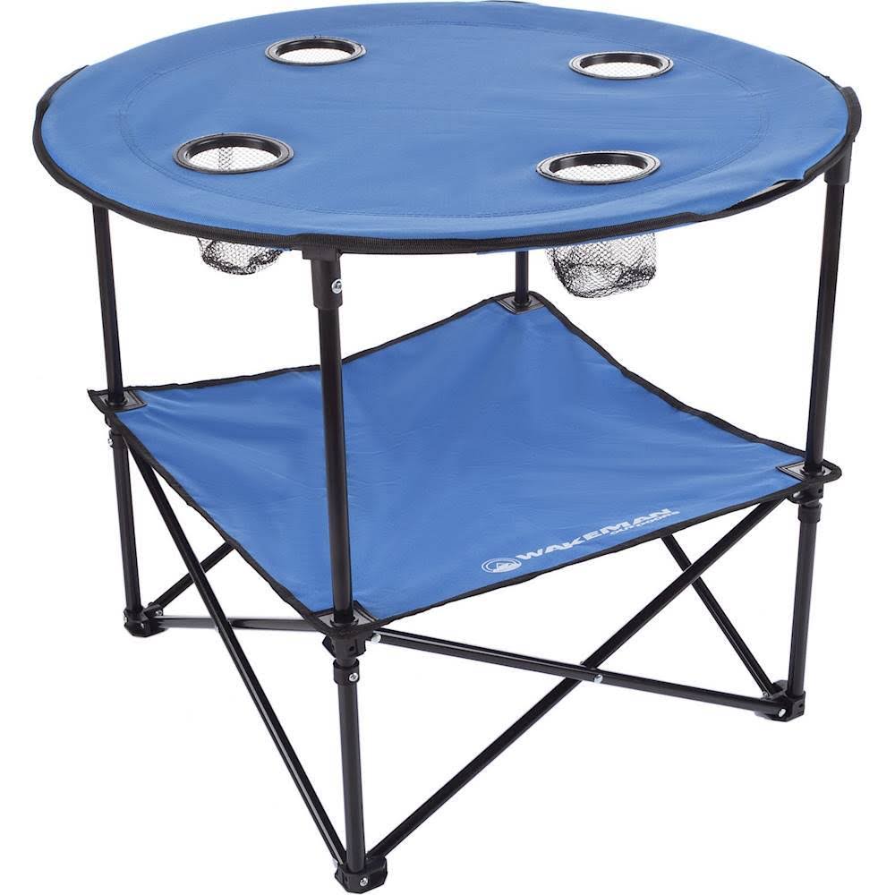 Blue 2-Tier Folding Camp Table with Cupholders and Carrying Bag U7696