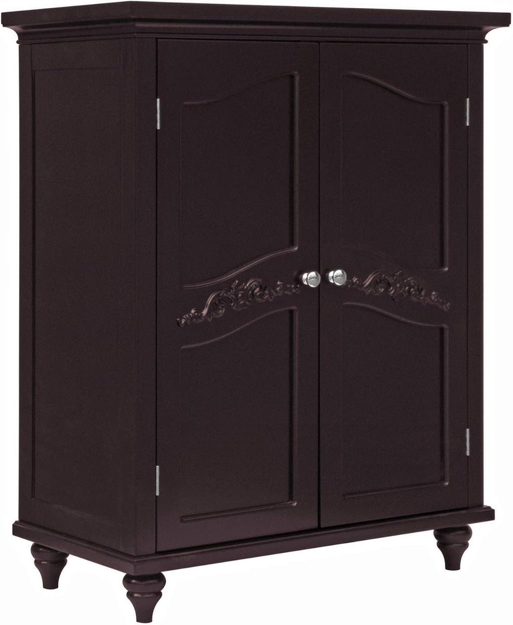 Freestanding Floor Cabinet with 2 Floral Scroll Doors and 2 Adjustable Shelves, Dark Espresso K19798