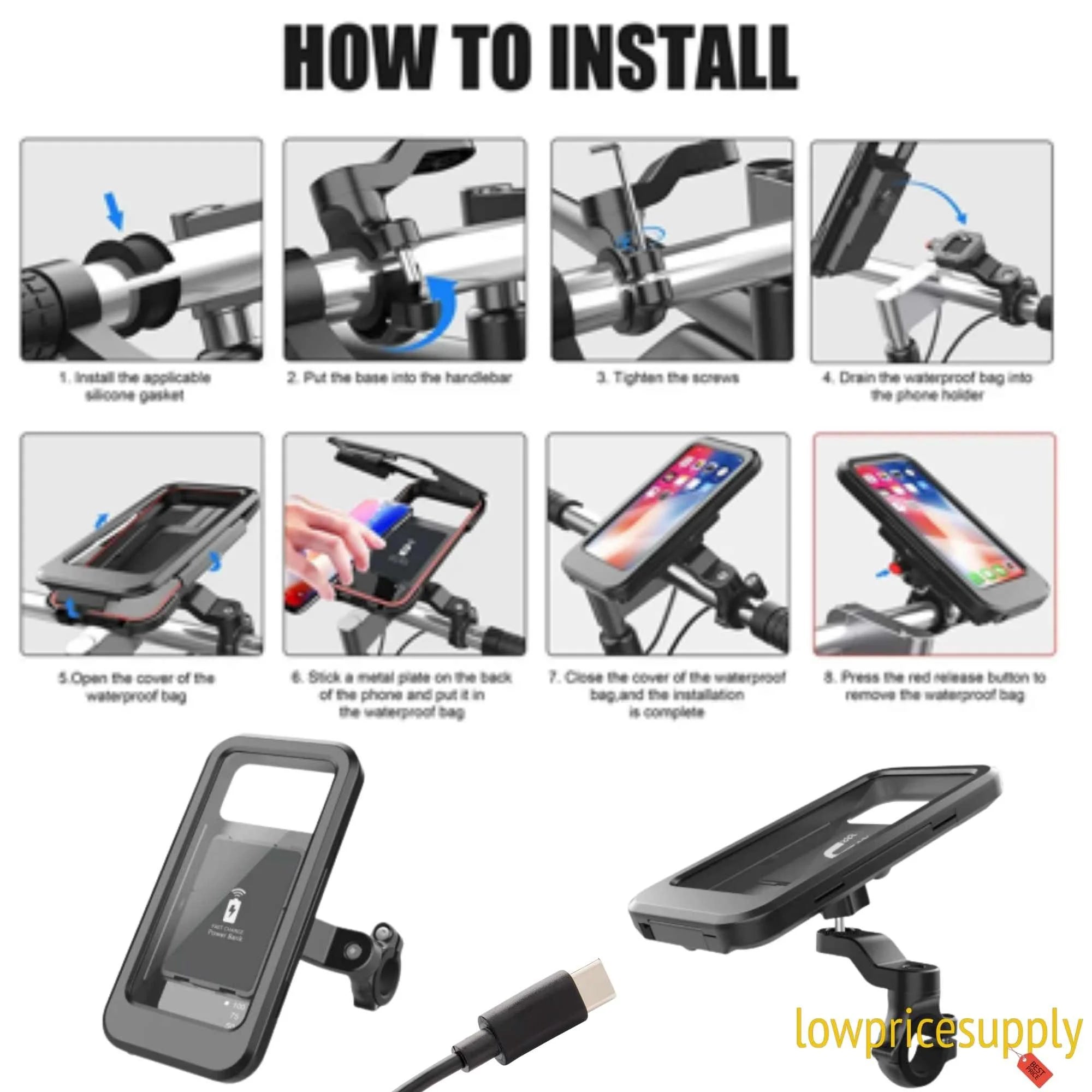 Motorcycle Phone Holder with 15W Wireless Charging and USB-C, 5000mAh Power Bank, ABS Plastic M209