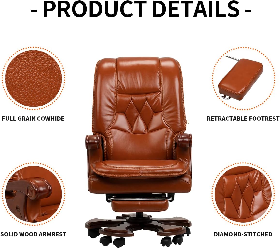 Massage Office Chair with Footrest Genuine Leather Fully Reclining Solid Wood Handrail Adjustable Tilt Back Angle Black M2329