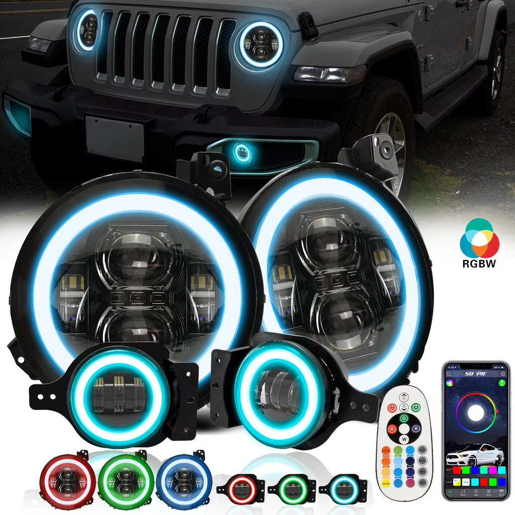Black 9" RGBW Halo LED Headlights and 4" RGBW LED Fog Lights I5551