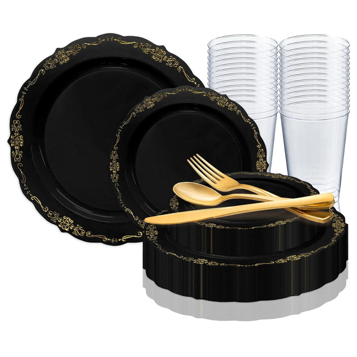 Black Gold Disposable Plastic Wedding Value Set (60 Guests) O643683