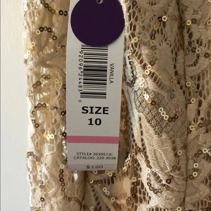 Beige 3/4 Sleeve Cold Shoulder Sequin Evening Gown F1910