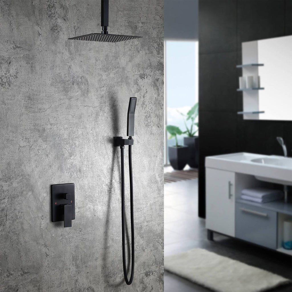 Matte Black Square Rain Shower Set with Ceiling Mount Rainfall Shower Head C4114