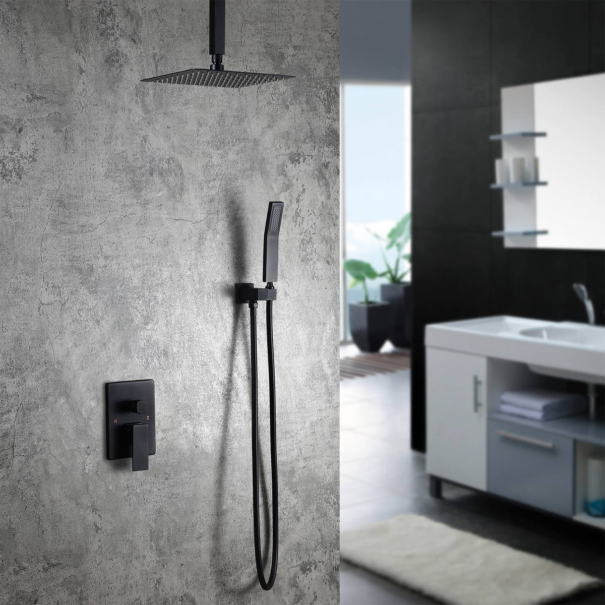 Matte Black Square Rain Shower Set with Ceiling Mount Rainfall Shower Head C4114