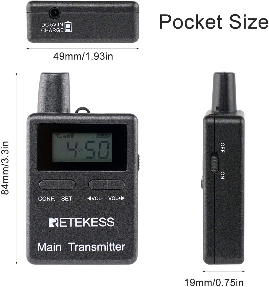 Case of 2 Main Vice Transmitters and 5 Receivers, Tour Guide System Wireless, 328ft, 2 Way Tour Headsets Microphone S12821