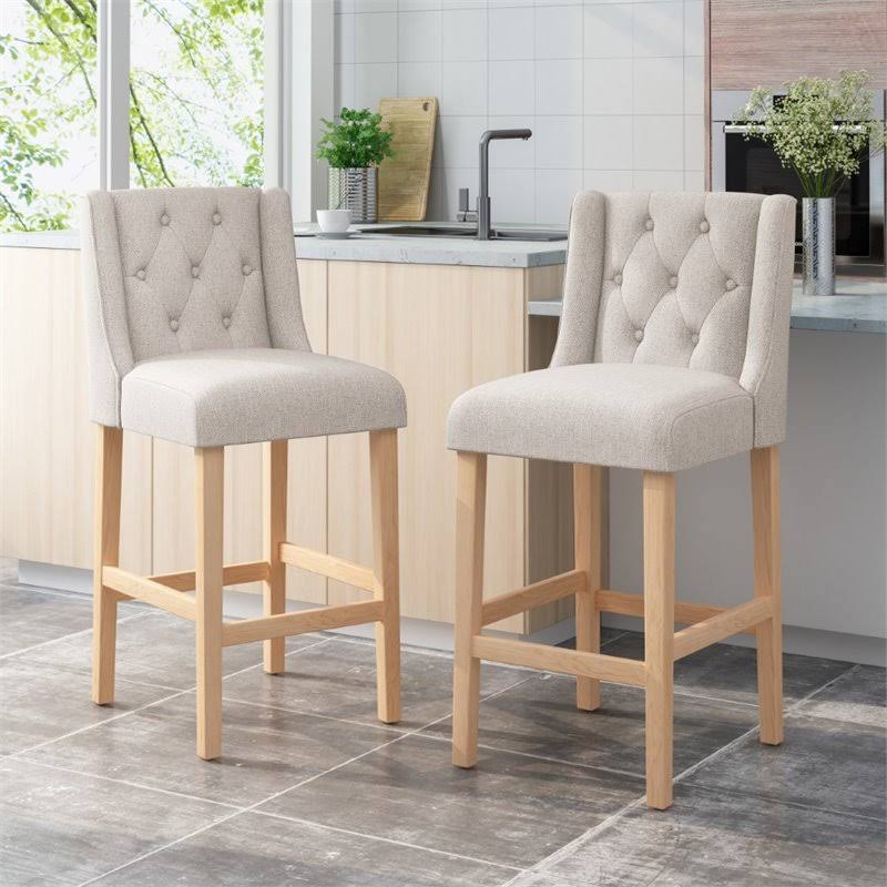 Button Tufted Fabric Wingback Bar Stool, Set of 2, Light Gray U6330
