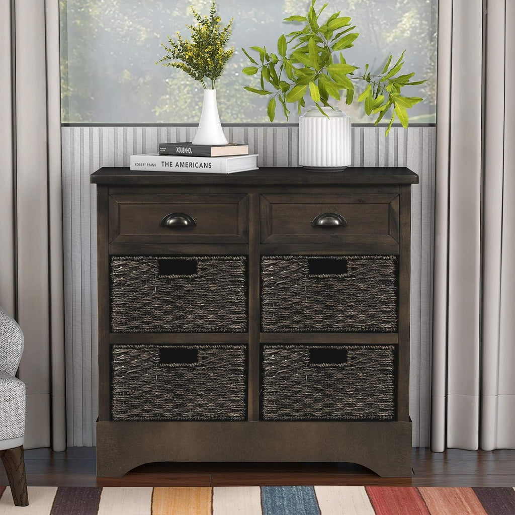 Rustic Storage Cabinet with Two Drawers and Four Fabric Basket (White) U29879