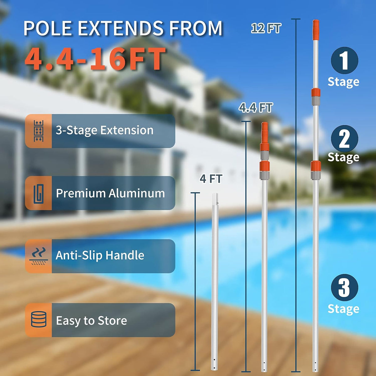 19" Polished Nylon Bristles Pool Brush Head with 12 ft Aluminum Telescopic Pole, Pack of 2 E6559