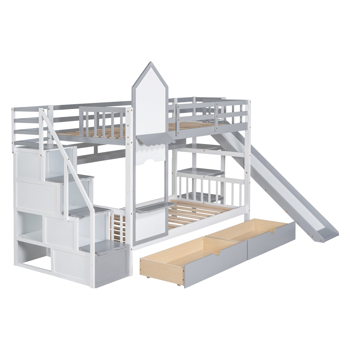 Twin Over Twin Bunk Bed with 2 Drawers and Slide, Gray G7831