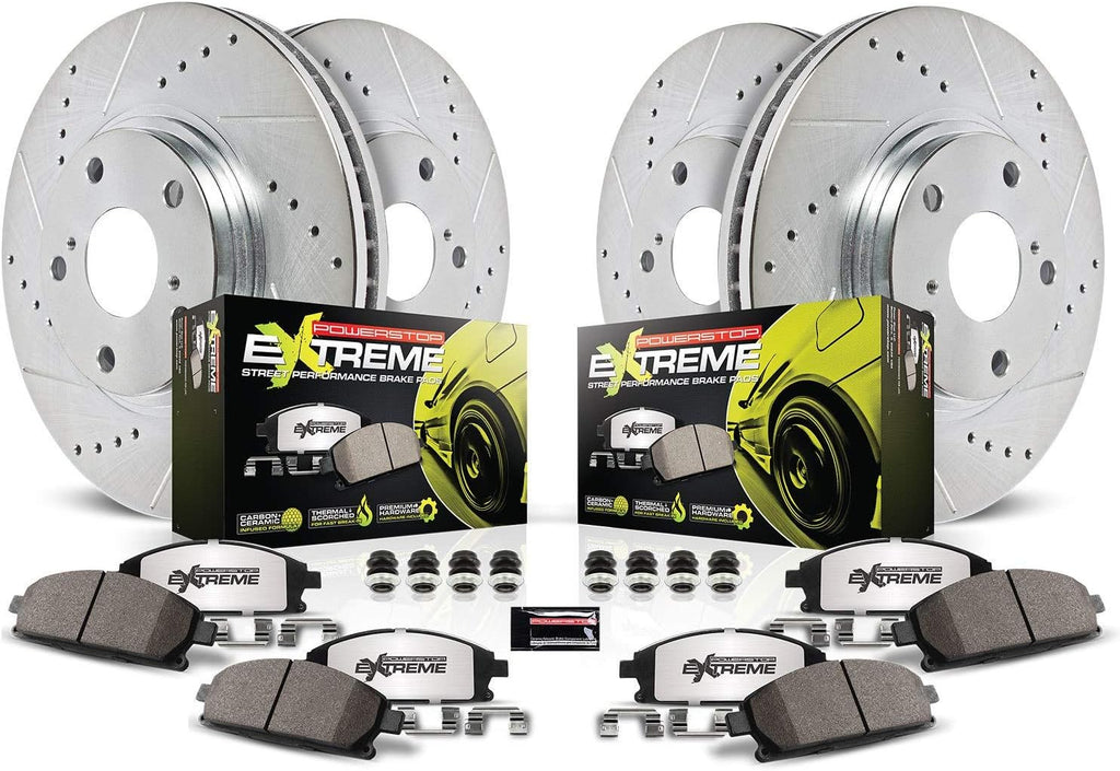 Front and Rear Carbon Fiber Brake Pads with Drilled & Slotted Brake Rotors Kit N8826