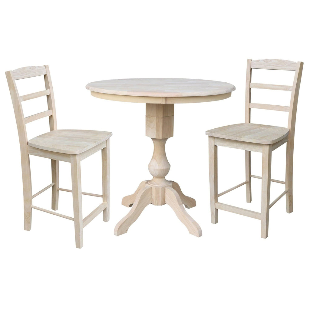 Unfinished Round Pedestal Gathering Table with 2 Counter Height Stools C170016