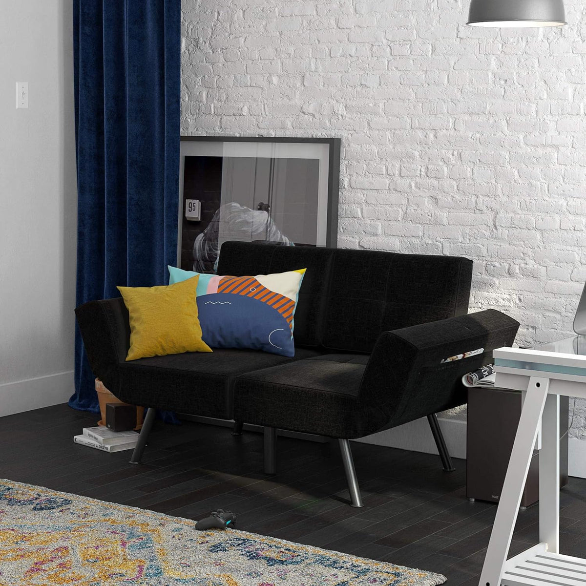 Black Linen Upholstered Tufted Loveseat Futon W60398