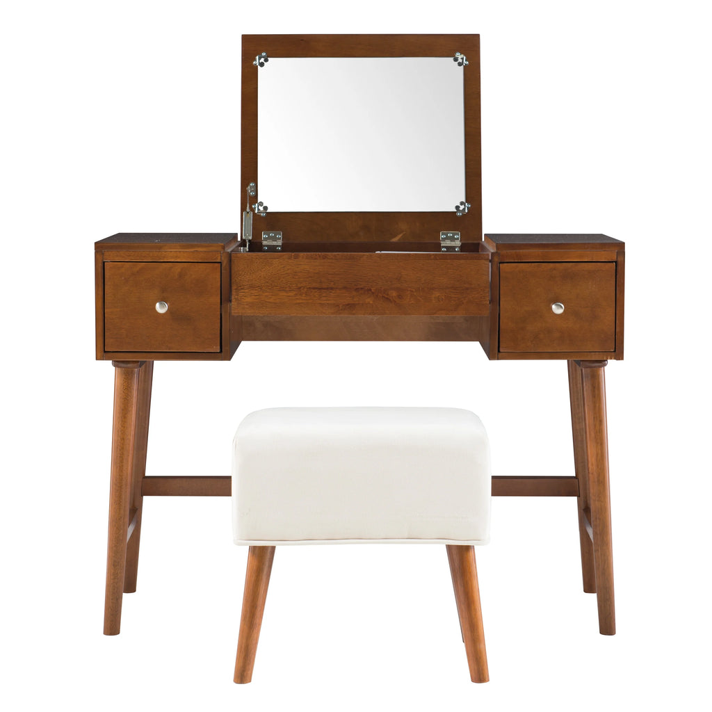 Walnut Finish 2-Piece Vanity Set with Flip-Top Mirror and Bench D468604