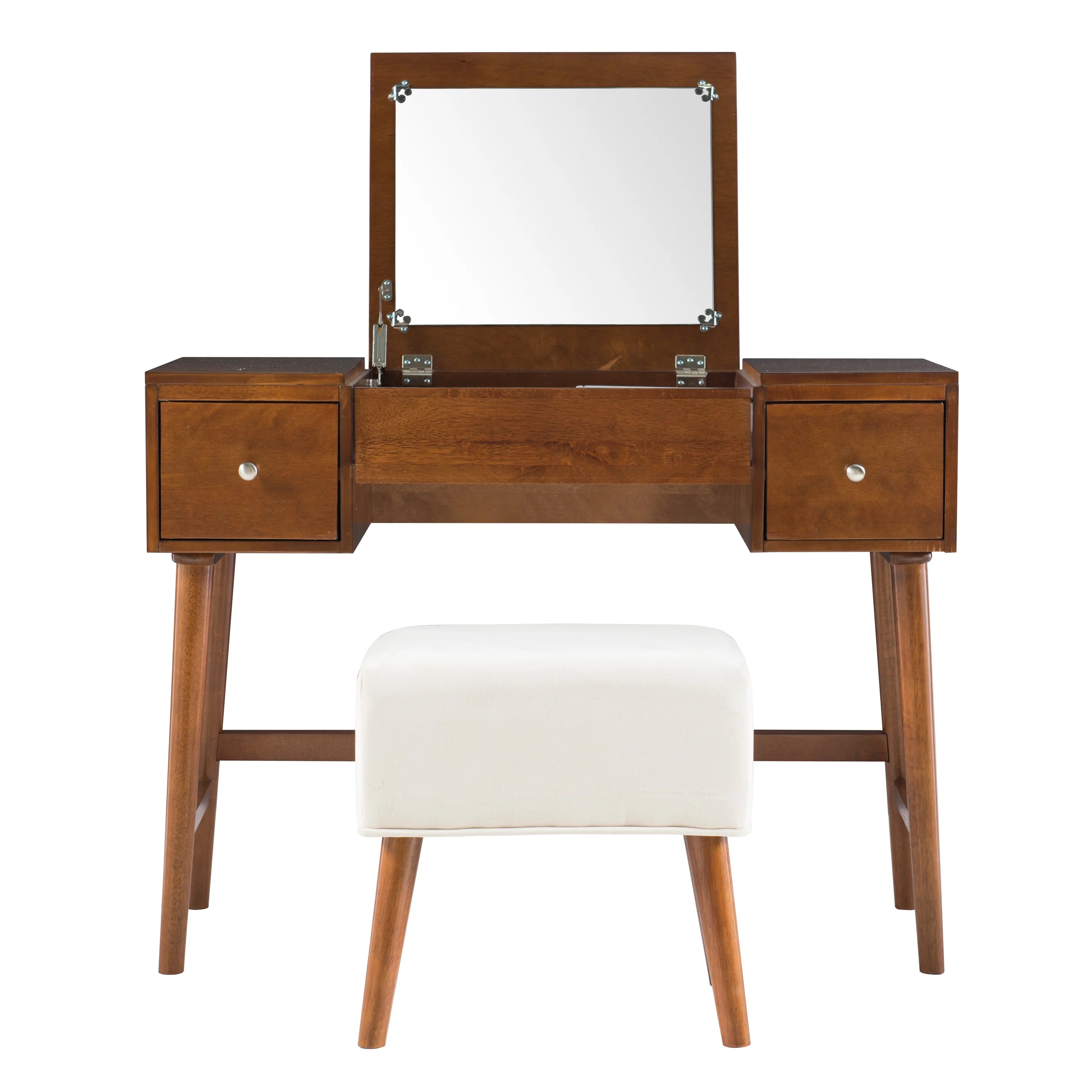Walnut Finish 2-Piece Vanity Set with Flip-Top Mirror and Bench D468604