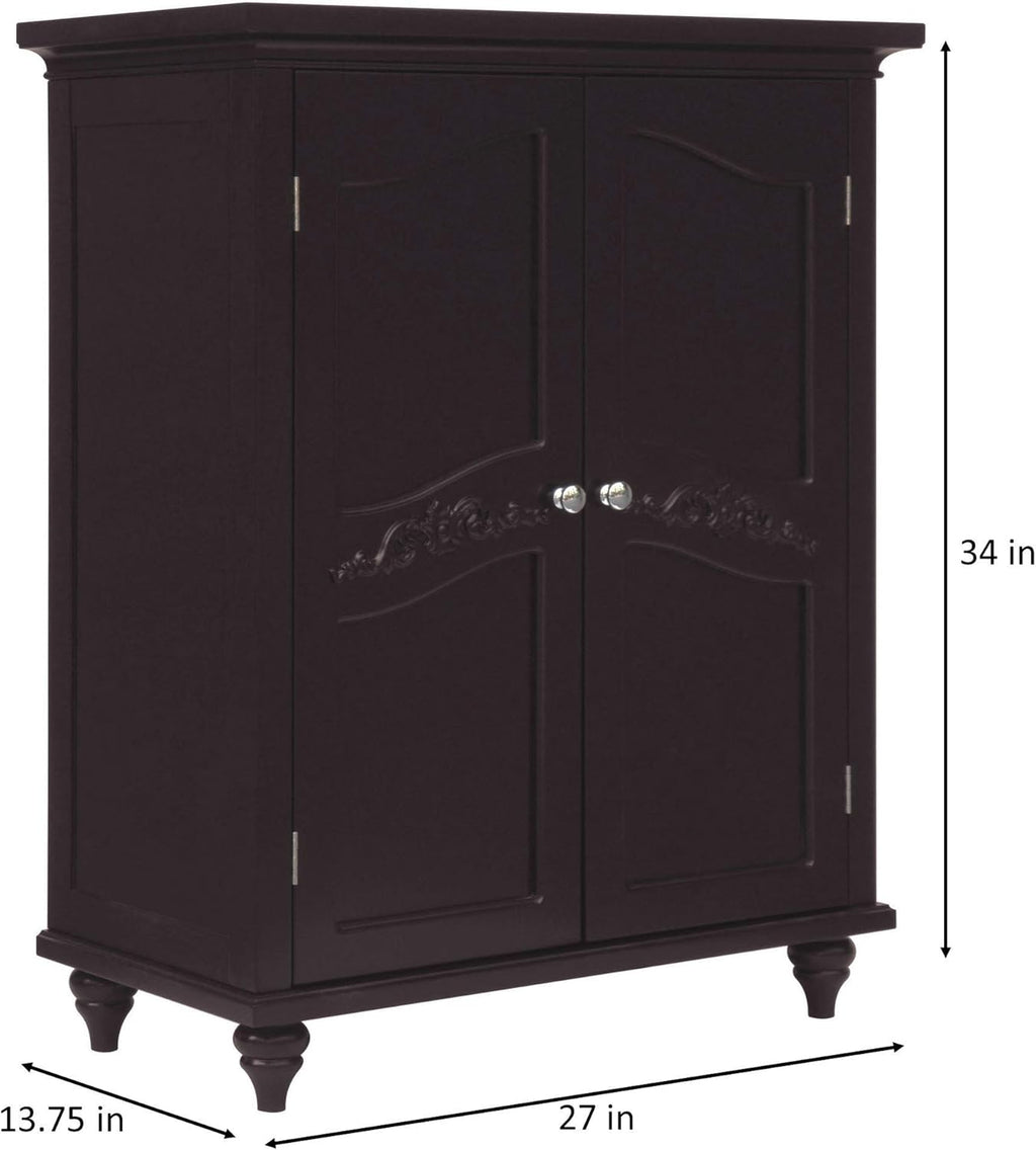 Freestanding Floor Cabinet with 2 Floral Scroll Doors and 2 Adjustable Shelves, Dark Espresso K19798