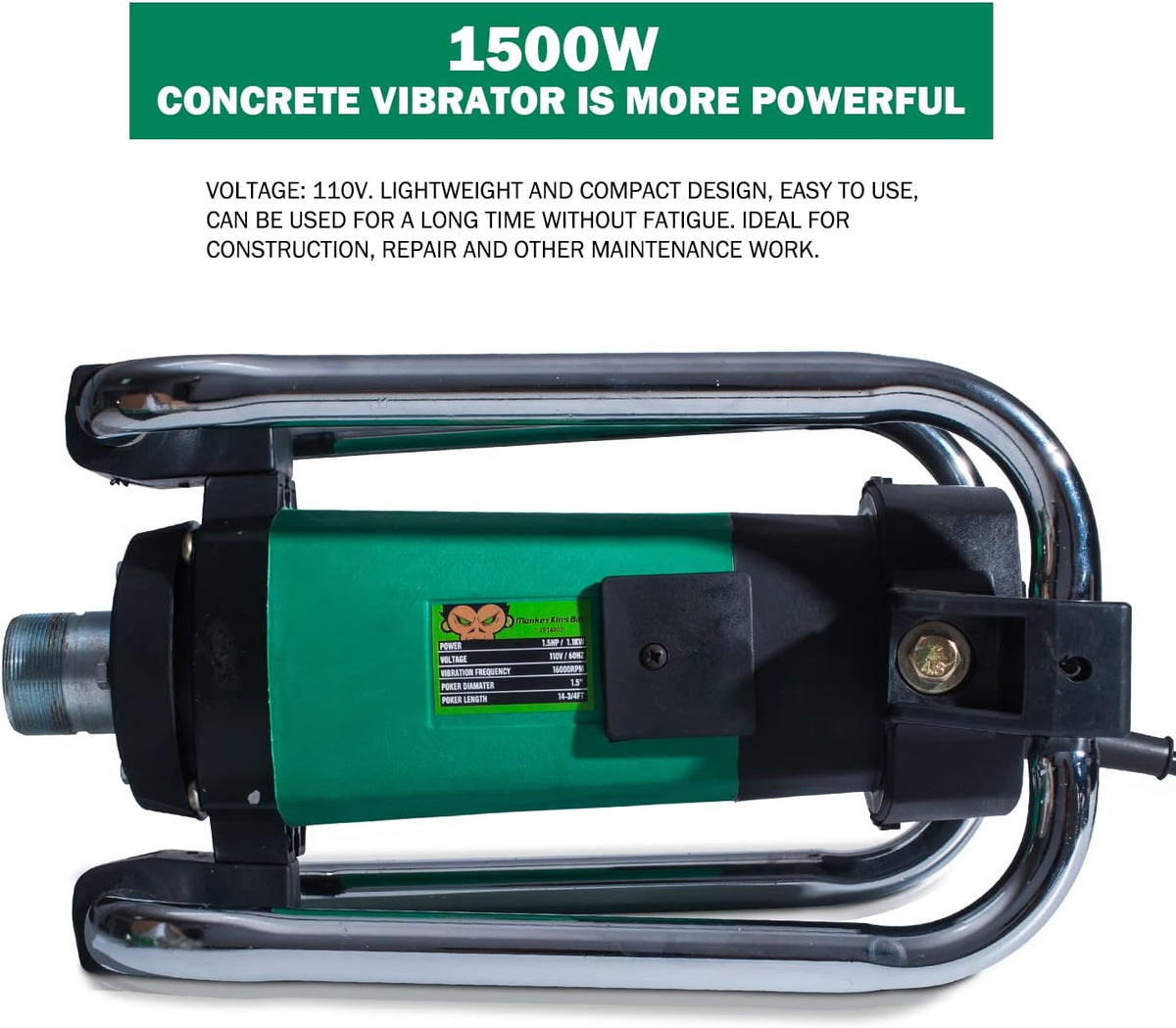 Concrete Vibrator 110V/50HZ 16000RPM with 4.5M Poker, 38MM Diameter Head C977034