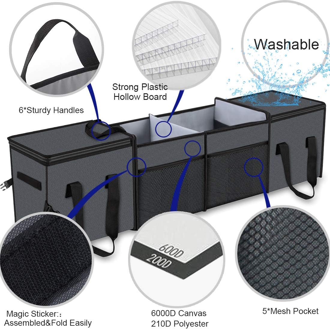 Car Trunk Organizer with Insulation Cooler Bags, Collapsible Portable, 4 Compartments Convertible, Washable S465340