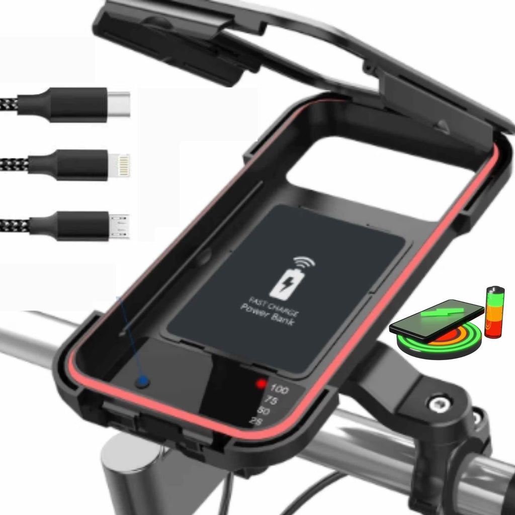 Motorcycle Phone Holder with 15W Wireless Charging and USB-C, 5000mAh Power Bank, ABS Plastic M209