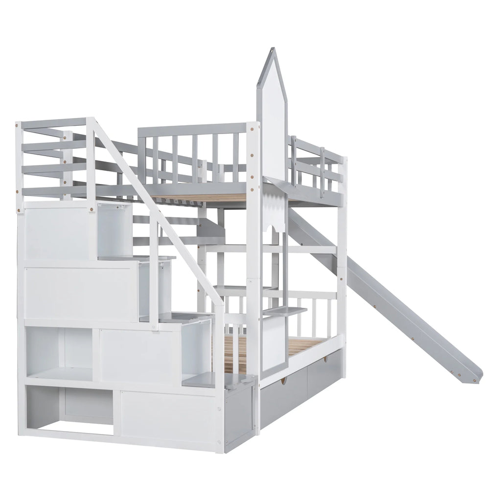 Twin Over Twin Bunk Bed with 2 Drawers and Slide, Gray G7831
