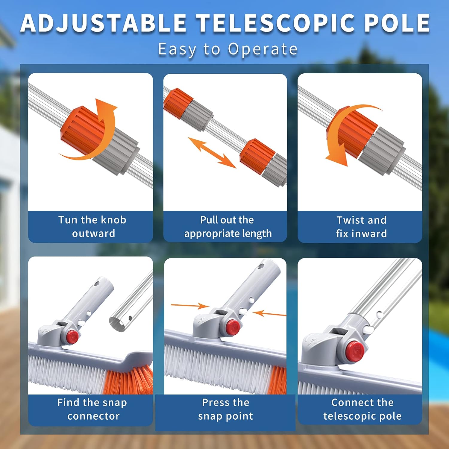 19" Polished Nylon Bristles Pool Brush Head with 12 ft Aluminum Telescopic Pole, Pack of 2 E6559