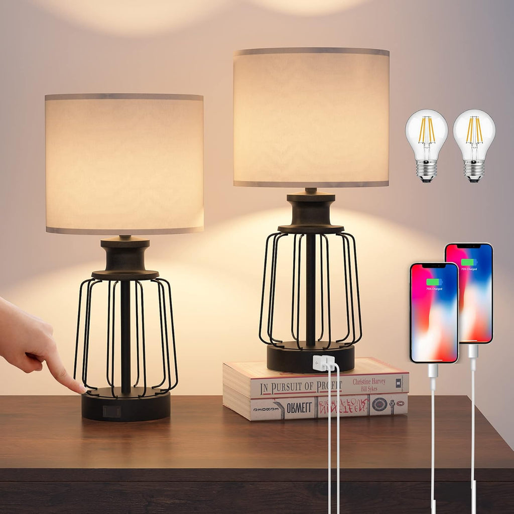 Black Cage Table Lamp Set of 2 with USB Ports and Outlets, 3-Way Dimmable, Bulbs Included W914