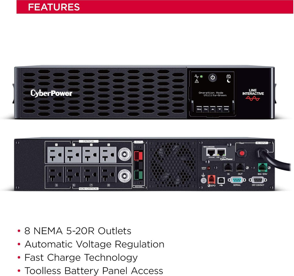 UPS System, 2000VA/2000W, 8 Outlets, 2U Rack/Tower F12956