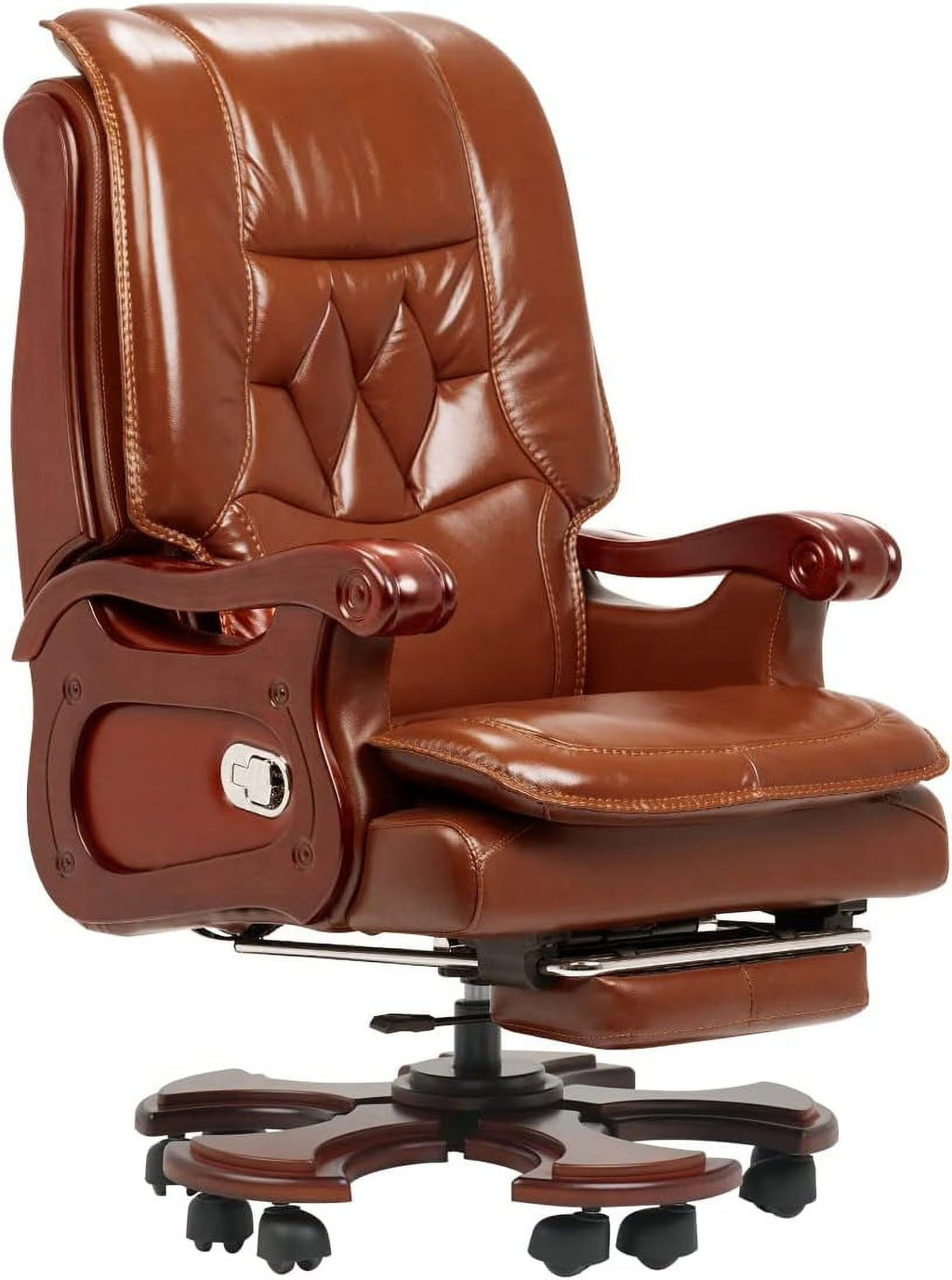 Massage Office Chair with Footrest Genuine Leather Fully Reclining Solid Wood Handrail Adjustable Tilt Back Angle Black M2329
