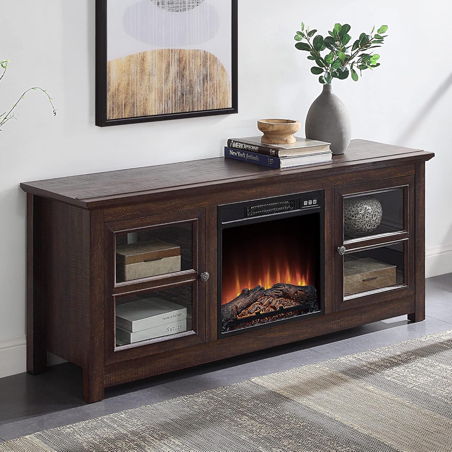 Espresso Farmhouse Electric Fireplace TV Stand with Open Storage Shelves and Cabinets I781