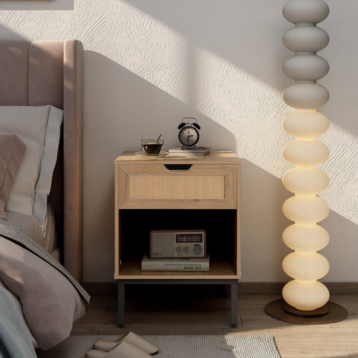 Natural Rattan Door Nightstand with Solid Metal Legs R931